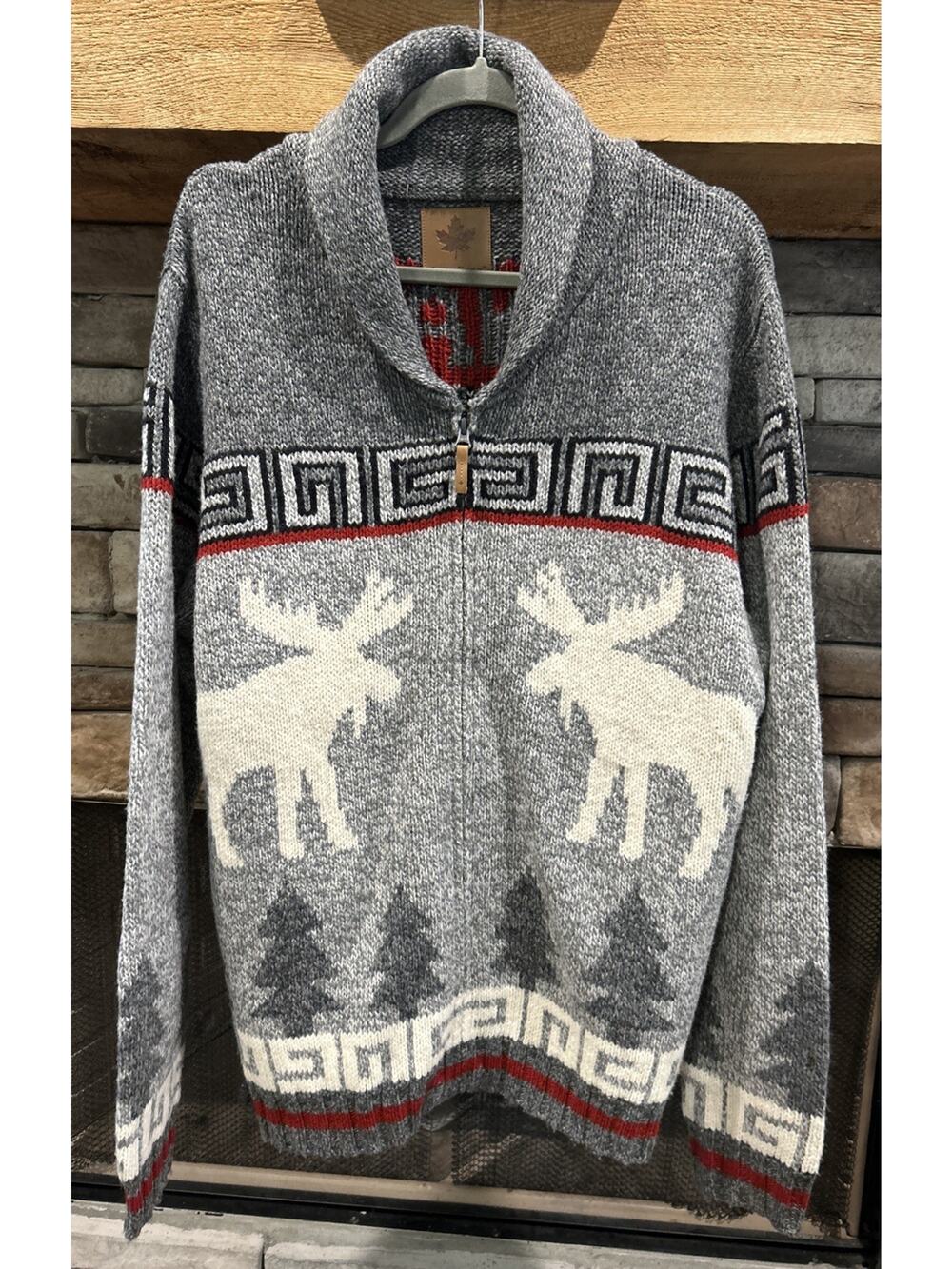 Canadiana Sweater Full Zip Gray Moose CANADA Winter Knit Canada Size L *